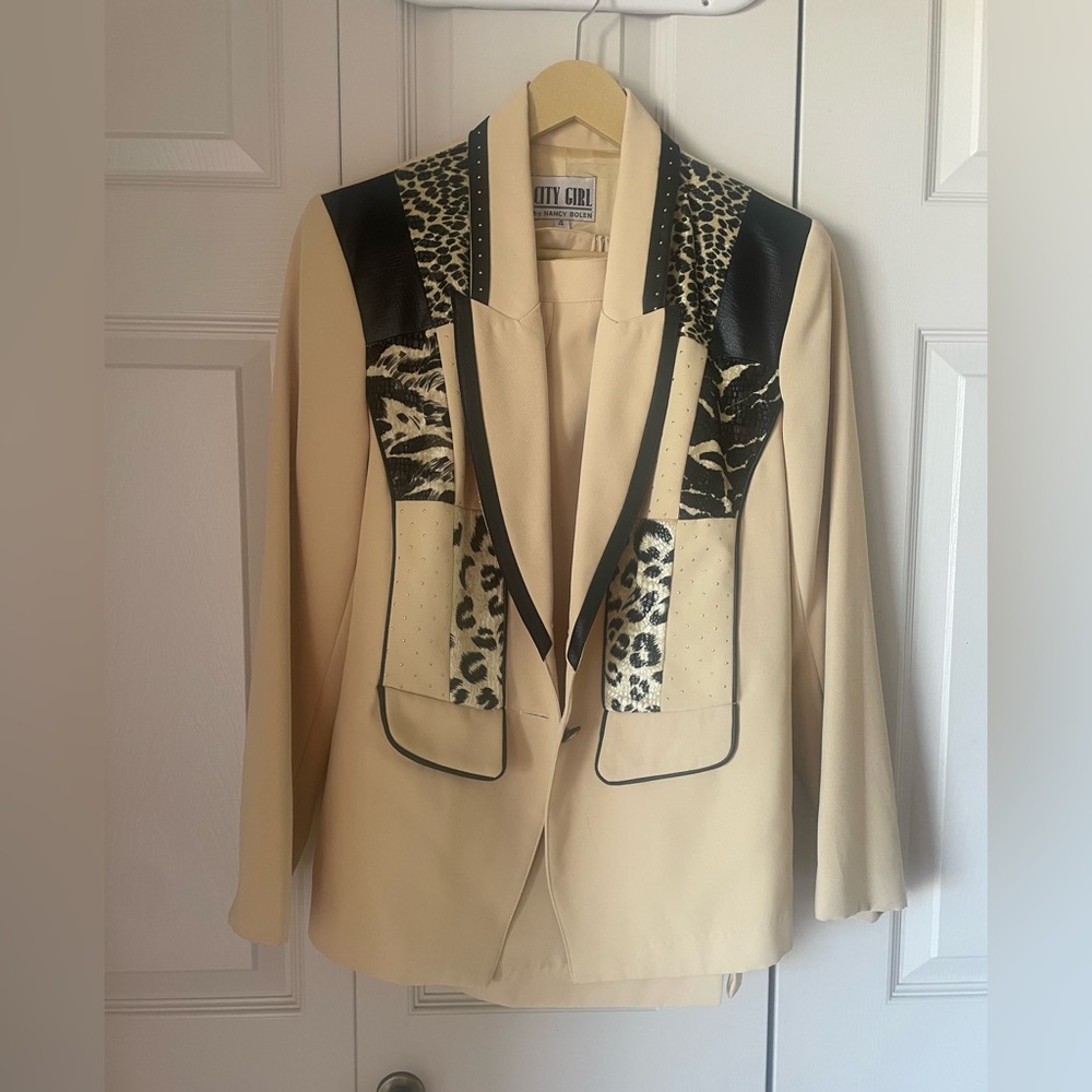 City Girl Nancy Bolen | 2 pc blazer skirt suit. Size 4. Animal print patchwork.